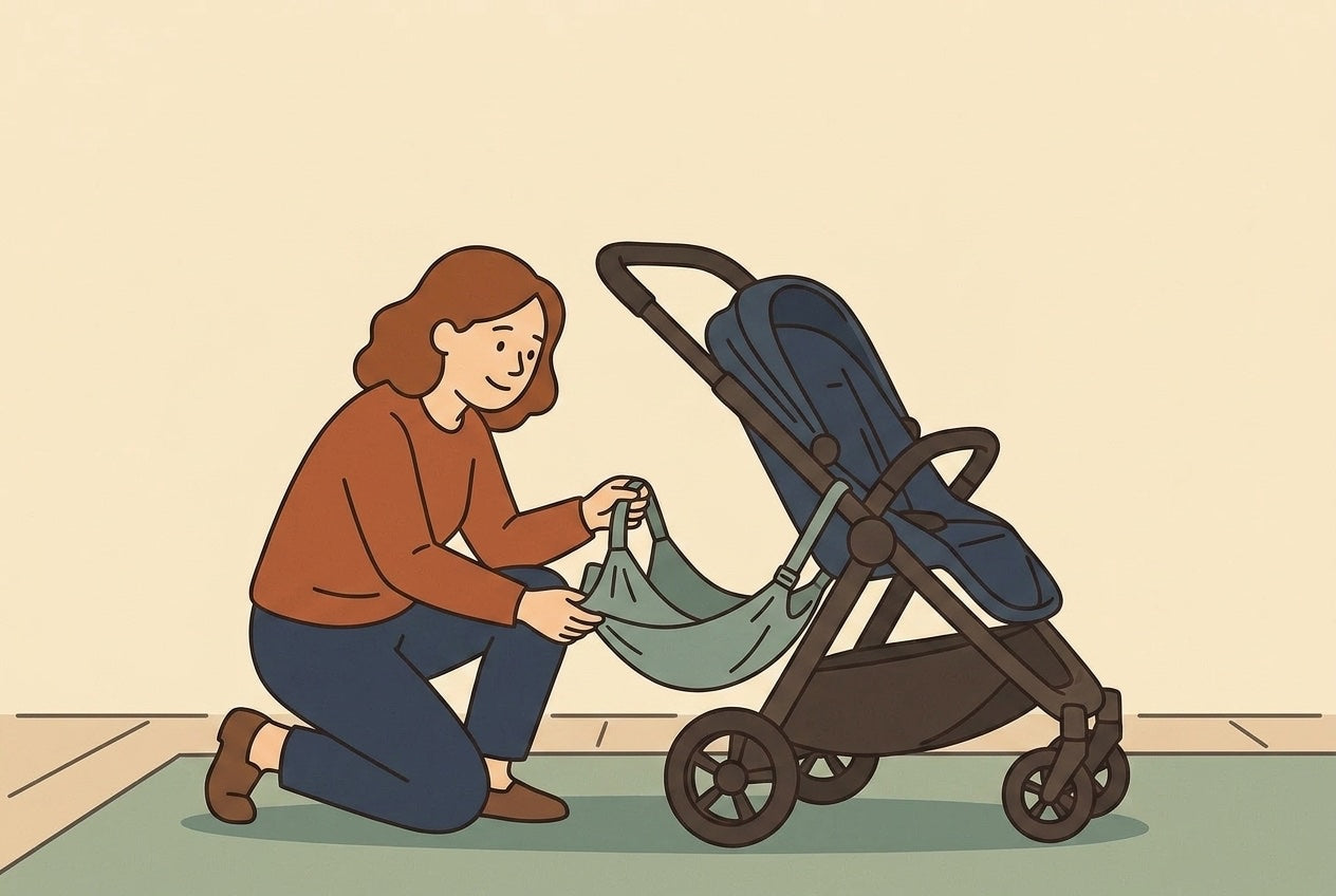 A parent installing a Hoppie hammock seat onto the rigid rear frame of a single stroller, flat illustration.