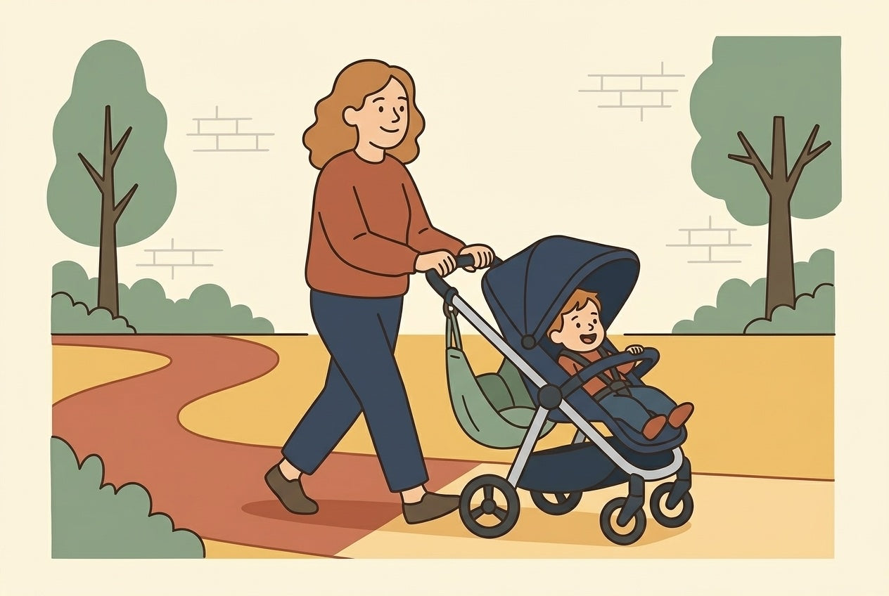 Parent walking on a sunny park path with a toddler seated happily in a hammock seat at the rear of a stroller, flat illustration.