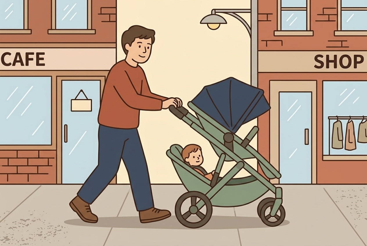 Parent pushing a single stroller with a toddler in a rear hammock seat along a narrow city sidewalk, flat illustration