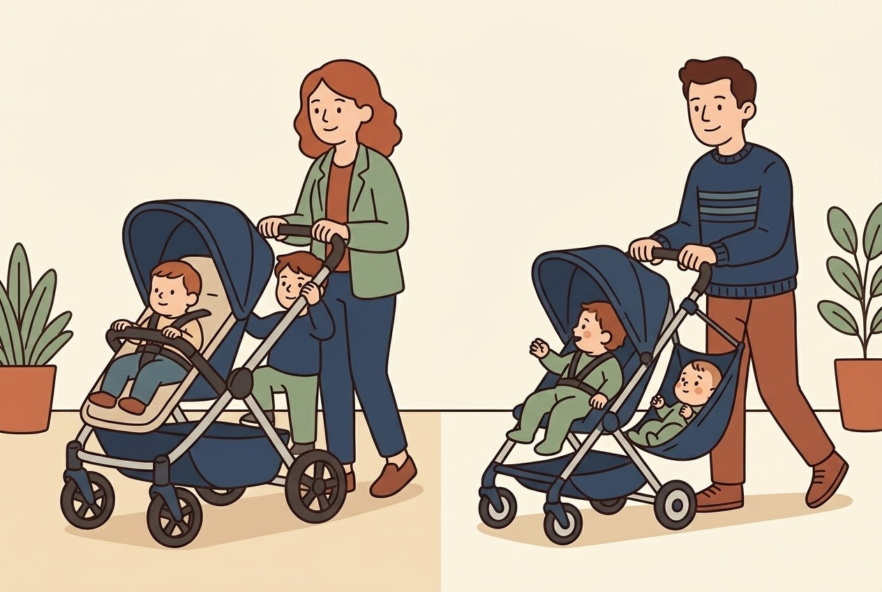 Cover illustration showing a sit-and-stand stroller and a compact single stroller with hammock seat side by side, flat Hoppie illustration style
