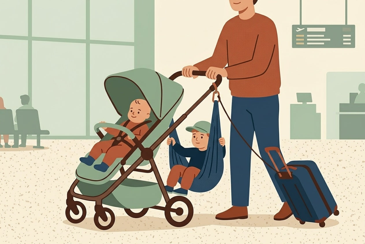 Parent in an airport terminal pushing a single stroller with a baby in the front seat and a toddler in a hammock seat at the rear, flat illustration