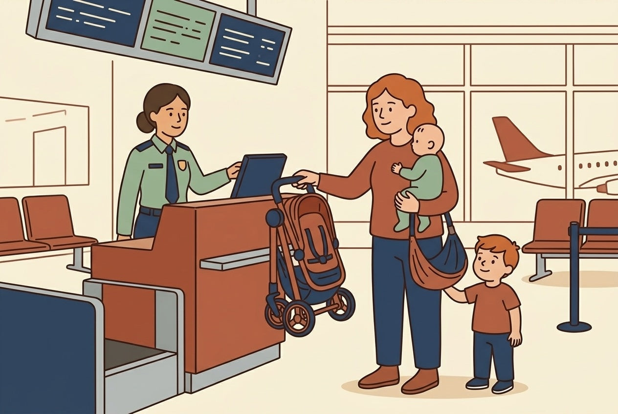 A parent at an airport gate-check counter handing over a folded stroller, with the detached Hoppie hammock seat tucked under their arm, flat illustration