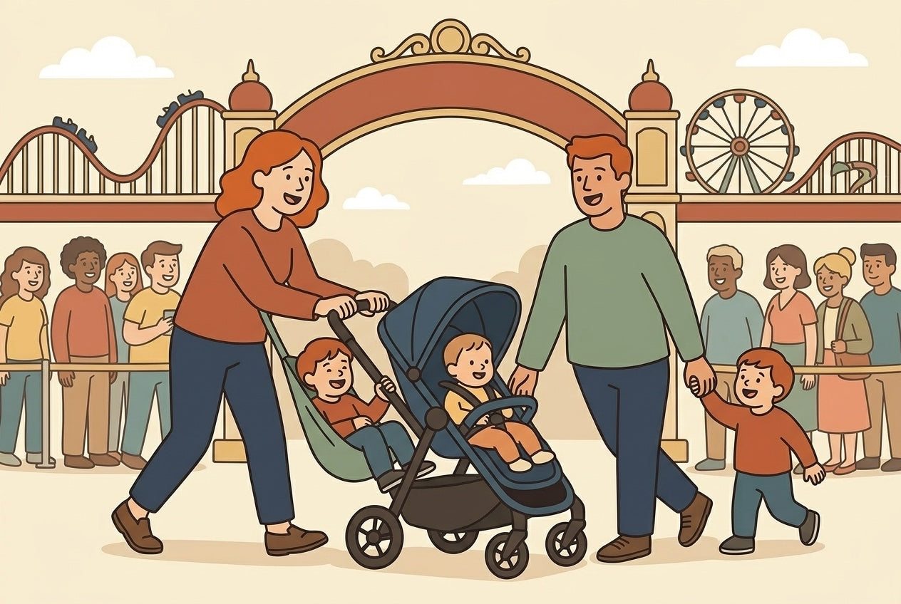 Family with two young children arriving at a theme-park entrance, one child in a stroller and an older child on a hammock seat at the rear, flat illustration