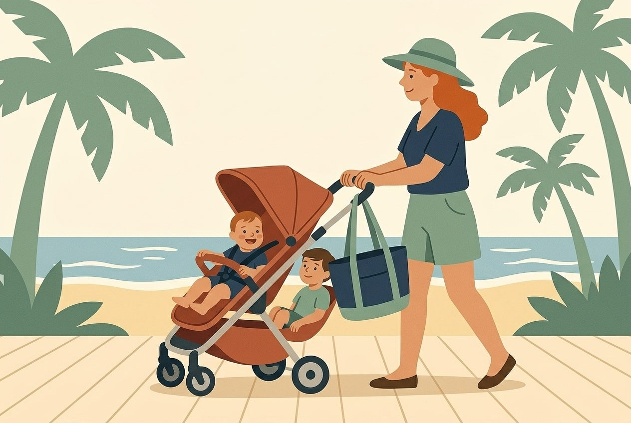 Parent pushing a single stroller with a rear hammock seat along a sunny beach boardwalk, two young children seated, beach bag on handlebar, flat illustration
