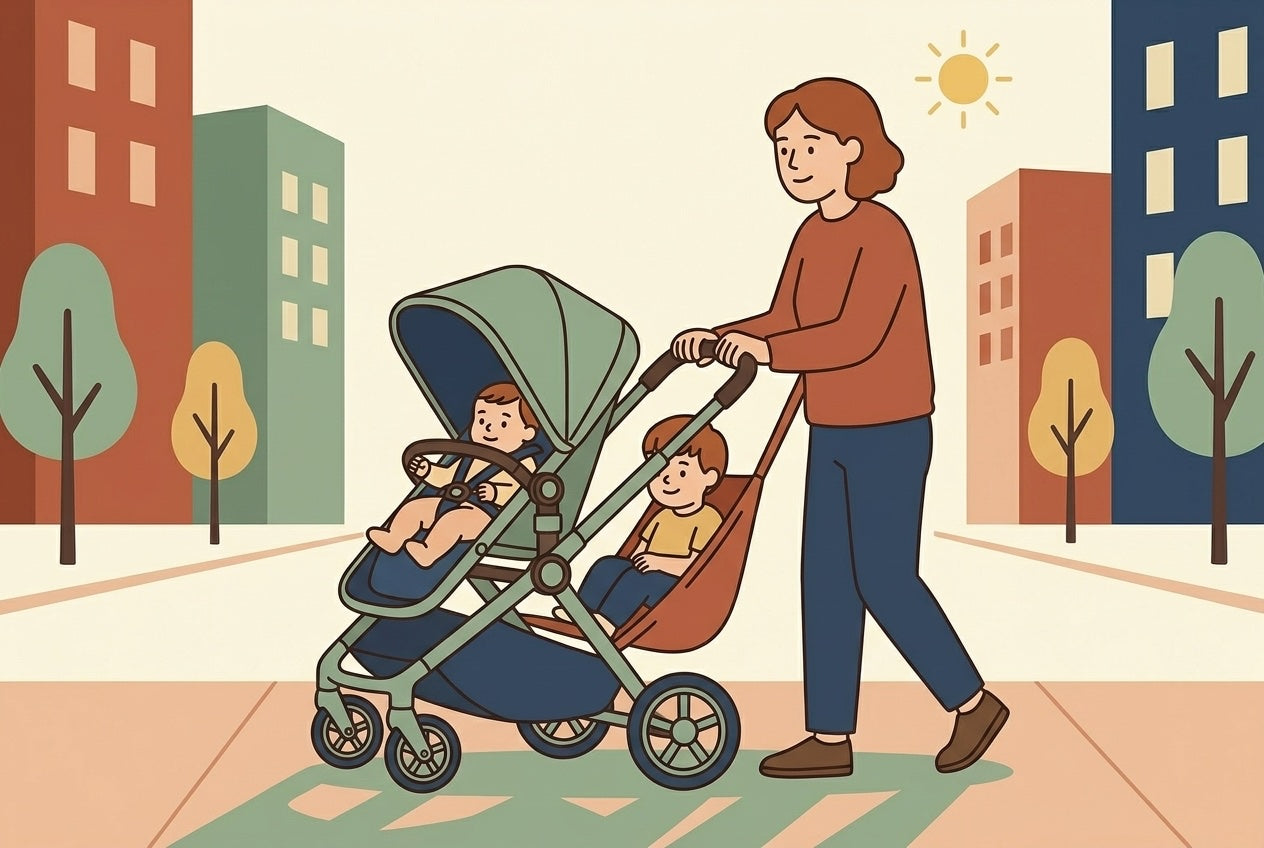 Parent pushing a premium sport-style stroller with a Hoppie hammock seat, toddler seated at the rear and baby in the main seat, flat illustration