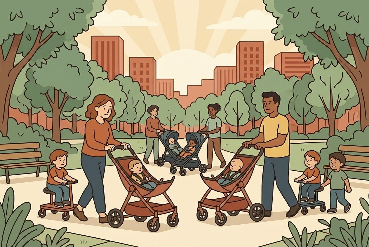 Diverse group of parents using compact stroller setups with hammock seats in a sunny urban park, flat illustration