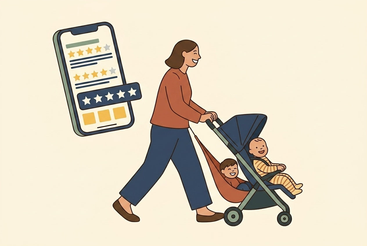 Parent and toddler with a Hoppie stroller hammock seat, phone showing star reviews beside them, flat illustration.