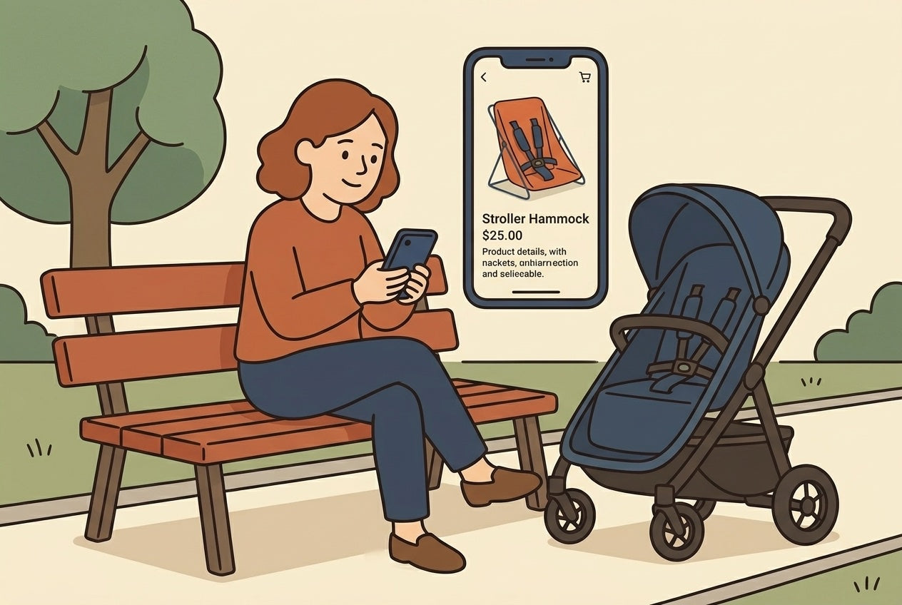 Parent sitting on a park bench reviewing a stroller hammock product page on their phone, with a single stroller parked nearby, flat illustration.