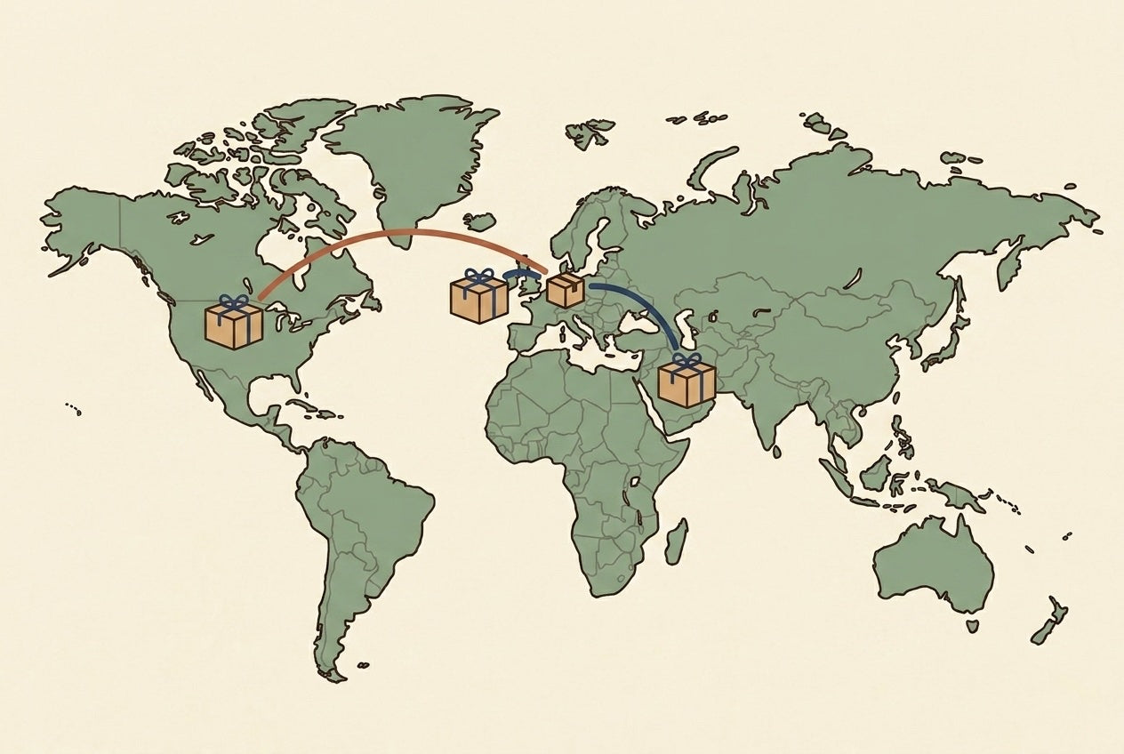 Illustrated map showing Hoppie shipping routes from the Netherlands to Europe, North America, and the Middle East with parcel icons at each destination.
