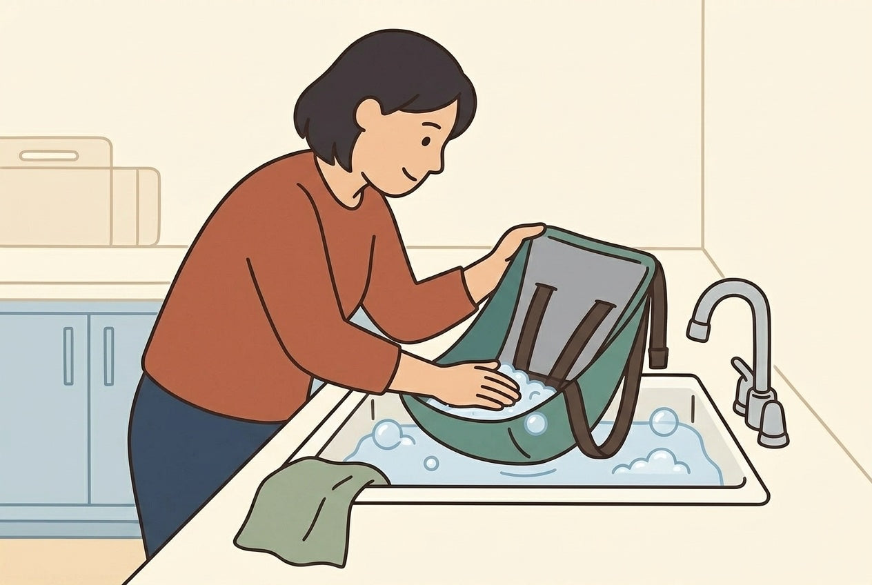 Parent hand-washing a stroller hammock seat in a sink with mild soap, Hoppie flat illustration style