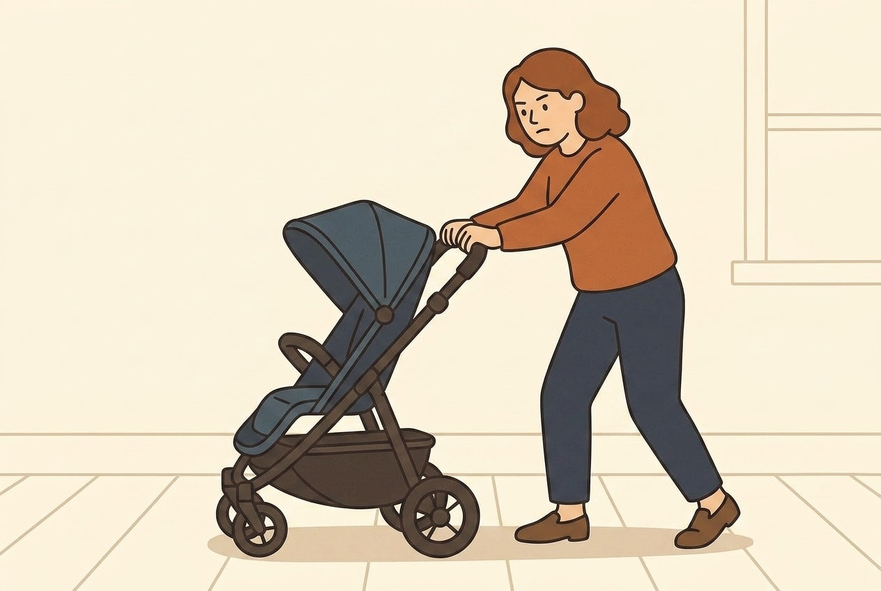 A parent pressing down on the rear handlebar of a single stroller to test the rigidity of the rear frame, flat illustration.