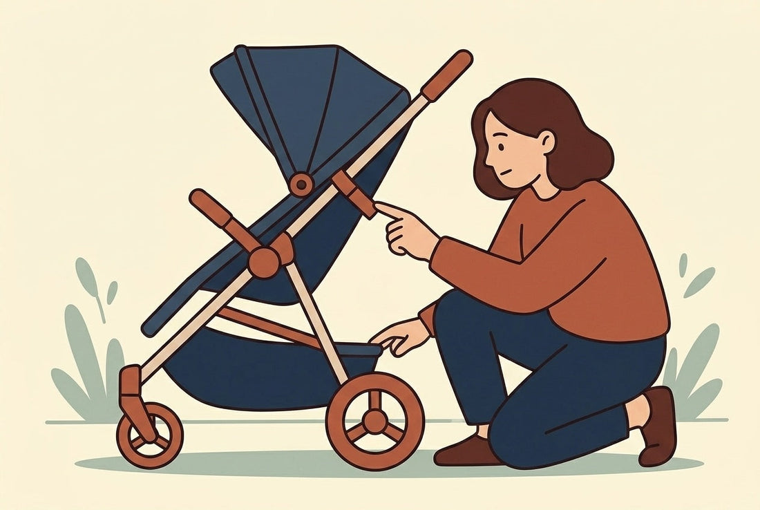 A parent kneeling beside a stroller and inspecting the strap contact point of a Hoppie hammock seat attached to the rear frame, flat illustration