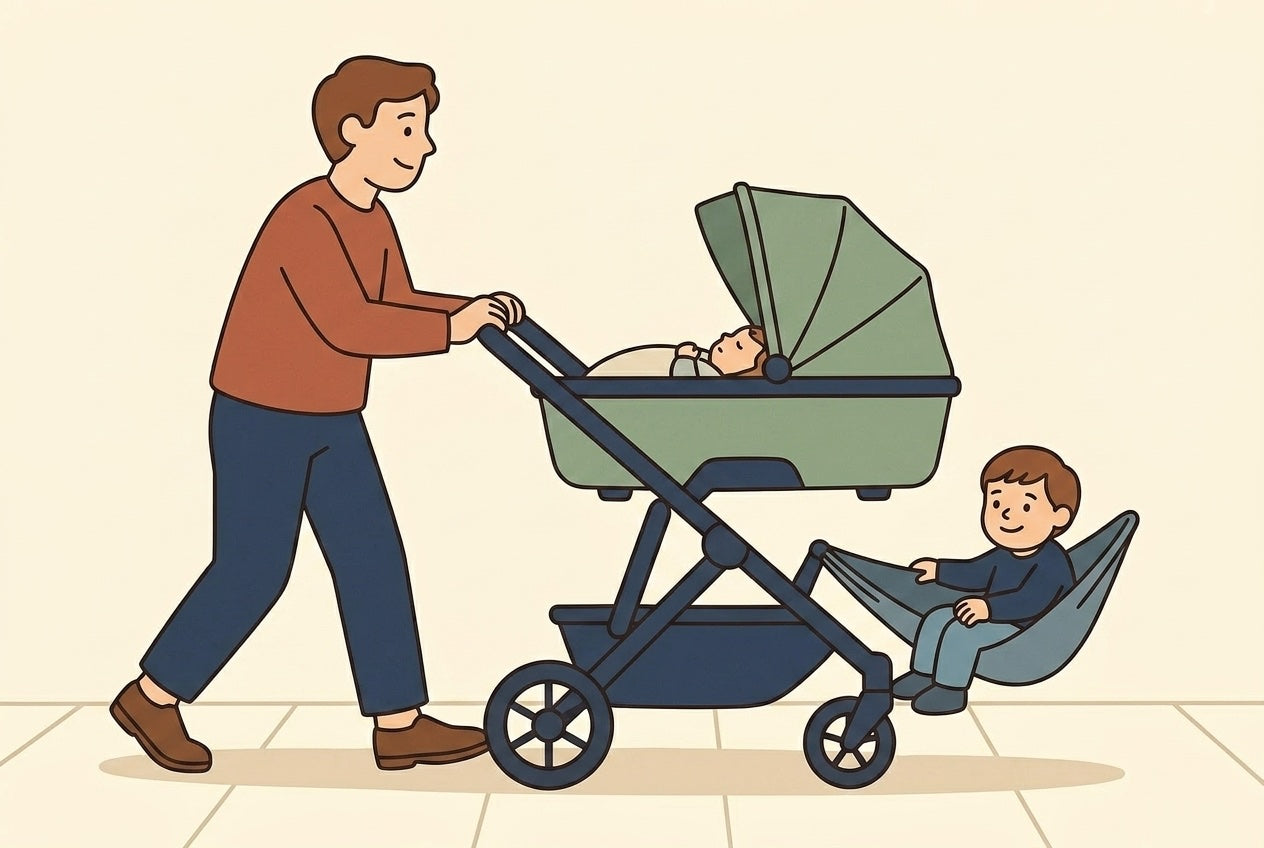 A parent pushing a stroller with a bassinet at the front and a Hoppie hammock seat at the rear, toddler seated, flat illustration.