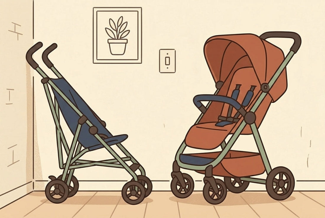 A classic folded umbrella stroller next to a sturdier full-size single stroller — compatibility comparison illustration.