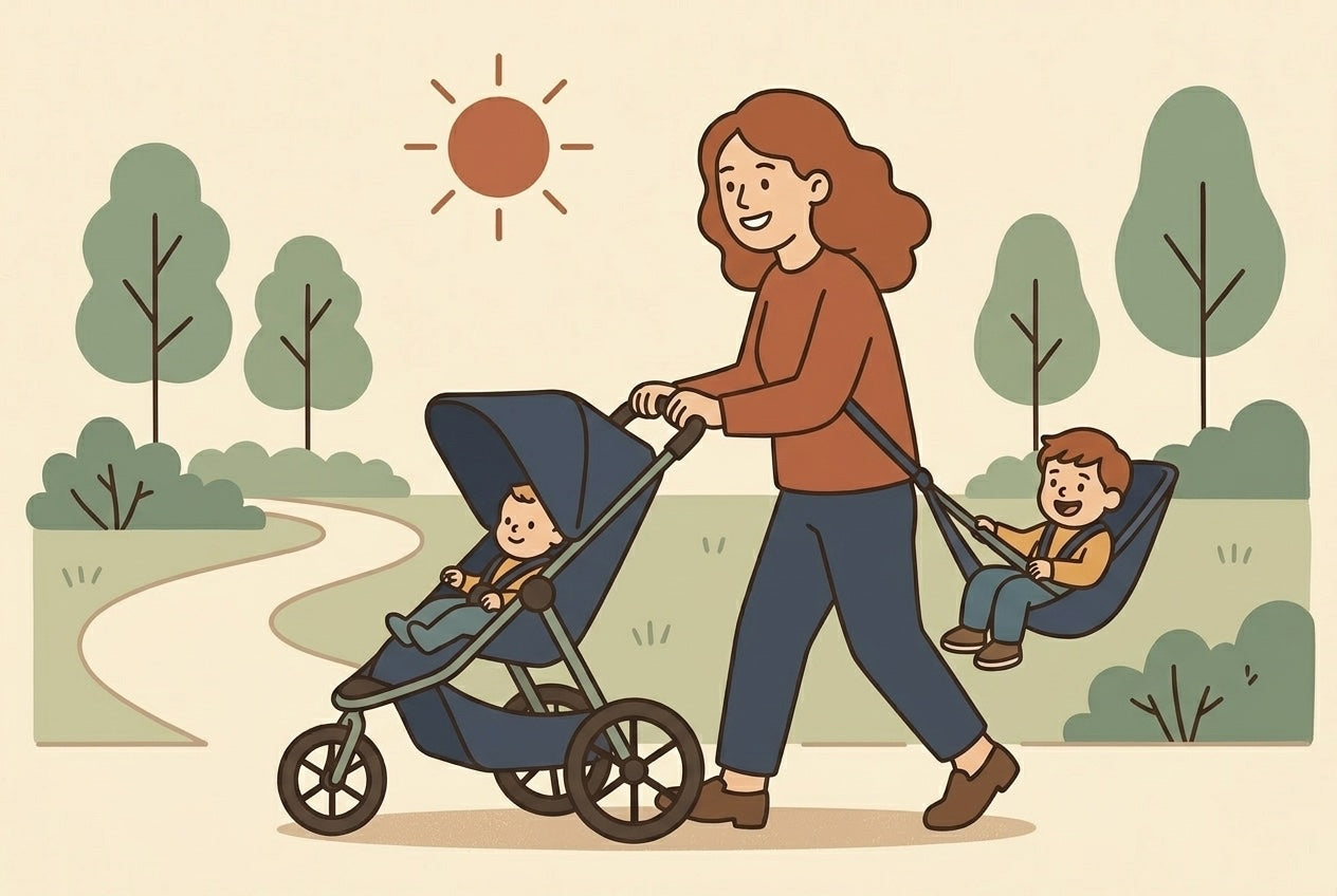 A parent walking with a three-wheel jogging stroller fitted with a hammock seat, older toddler sitting at the rear and younger child in the main seat, flat illustration.