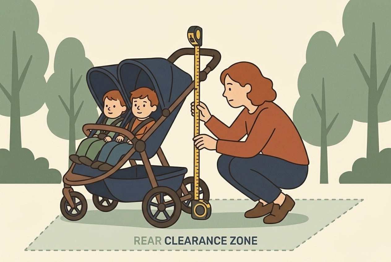 Parent crouching behind a stroller measuring rear clearance vertically from the rear axle with a tape measure, flat illustration.