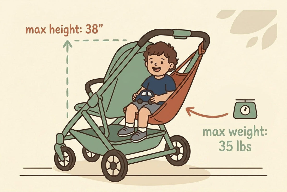 Cartoon toddler sitting in a stroller hammock seat with height and weight indicator lines, flat illustration