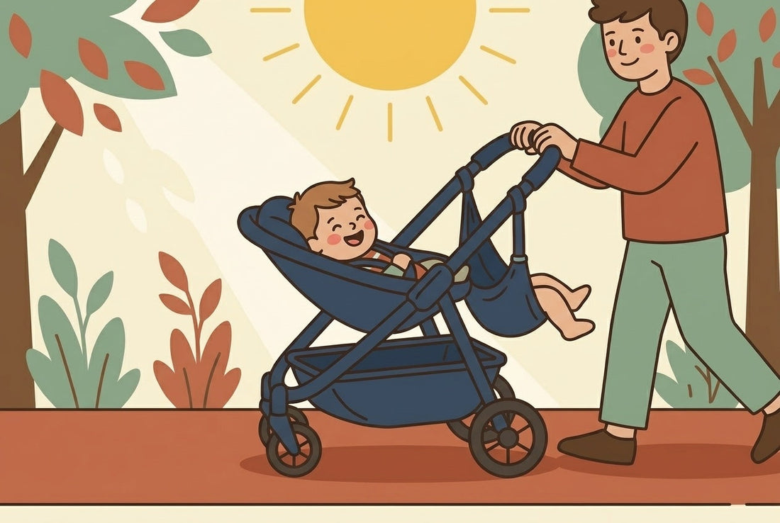 Toddler sitting relaxed and smiling in a stroller hammock seat during a sunny park walk, flat illustration
