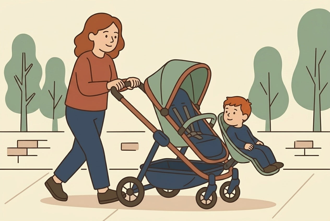 Parent walking calmly with both hands on stroller handle, toddler seated in a hammock seat behind, reassuring street scene, flat illustration