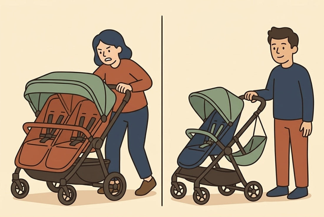 Side-by-side flat illustration of a bulky double stroller next to a compact single stroller with a hammock seat, showing the size difference
