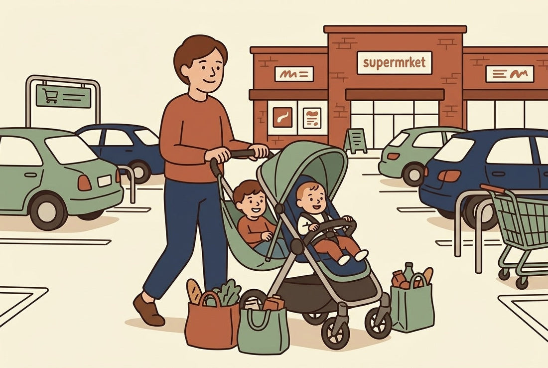 Parent pushing a single stroller with a toddler in a hammock seat at the rear, supermarket parking lot, flat illustration