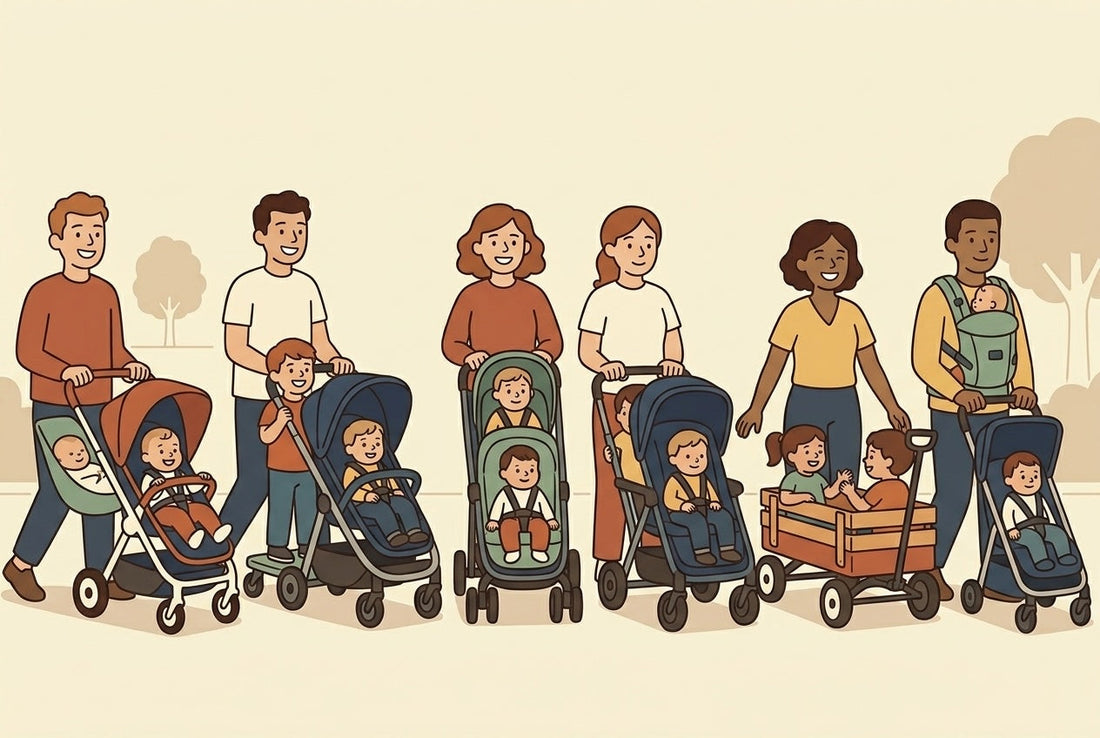 Lineup of six compact two-child stroller alternatives including a hammock seat, stroller board, compact tandem, sit-and-stand, wagon, and babywearing setup, flat illustration