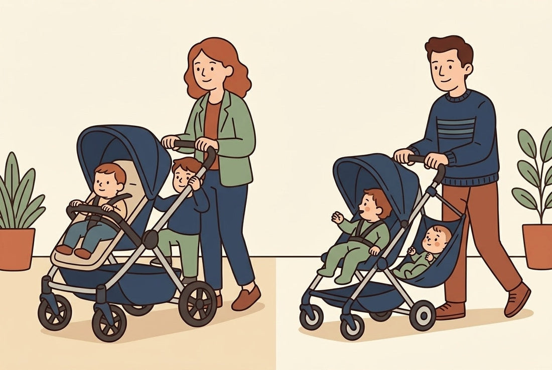 Cover illustration showing a sit-and-stand stroller and a compact single stroller with hammock seat side by side, flat Hoppie illustration style