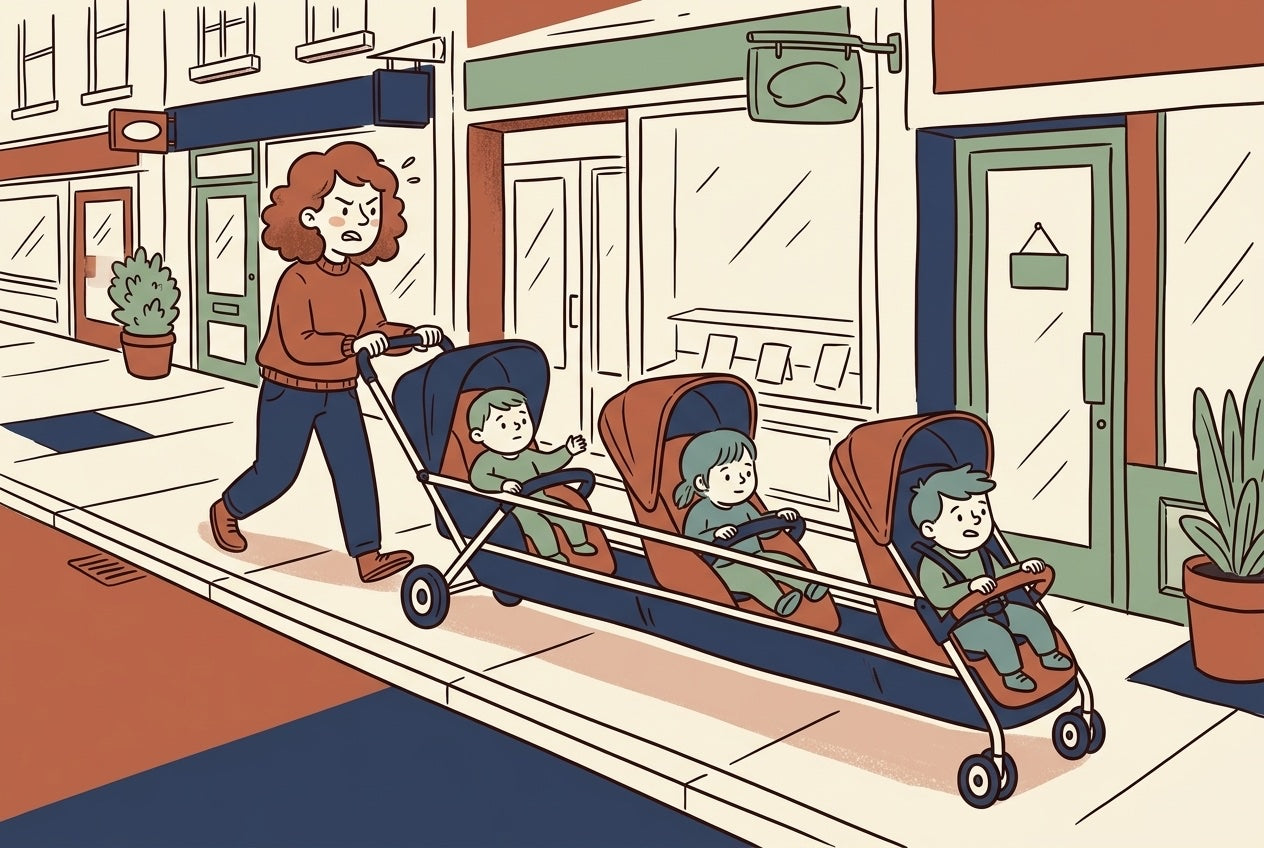 Long tandem stroller struggling to fit along a narrow city sidewalk, flat illustration in Hoppie brand style