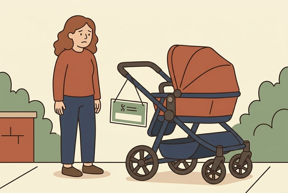 A parent standing beside a large double stroller with a For Sale sign, looking uncertain — flat Hoppie brand illustration