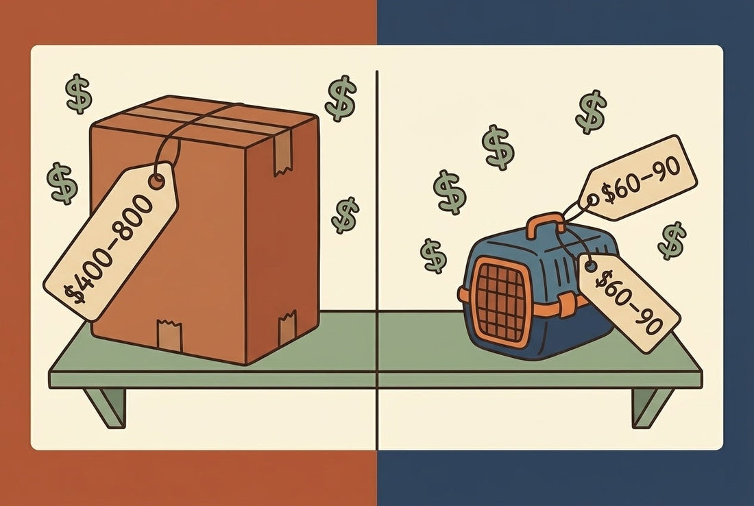 Side-by-side flat illustration of a large double stroller box priced at $400–800 next to a small hammock seat box priced at $60–90, with dollar-sign accents, Hoppie illustration style