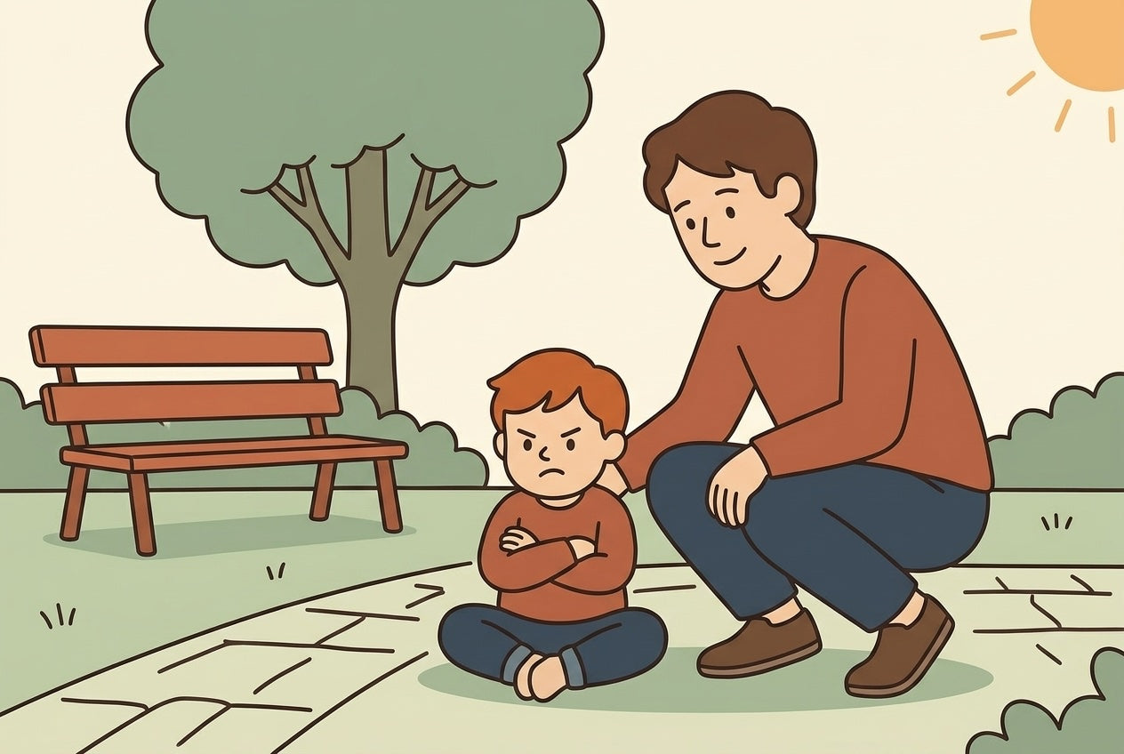 Toddler sitting cross-armed on a park path refusing to walk, parent kneeling gently beside them with a warm smile, flat illustration