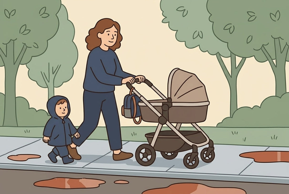 Mom and toddler doing the school run with a stroller on a rainy morning, flat illustration