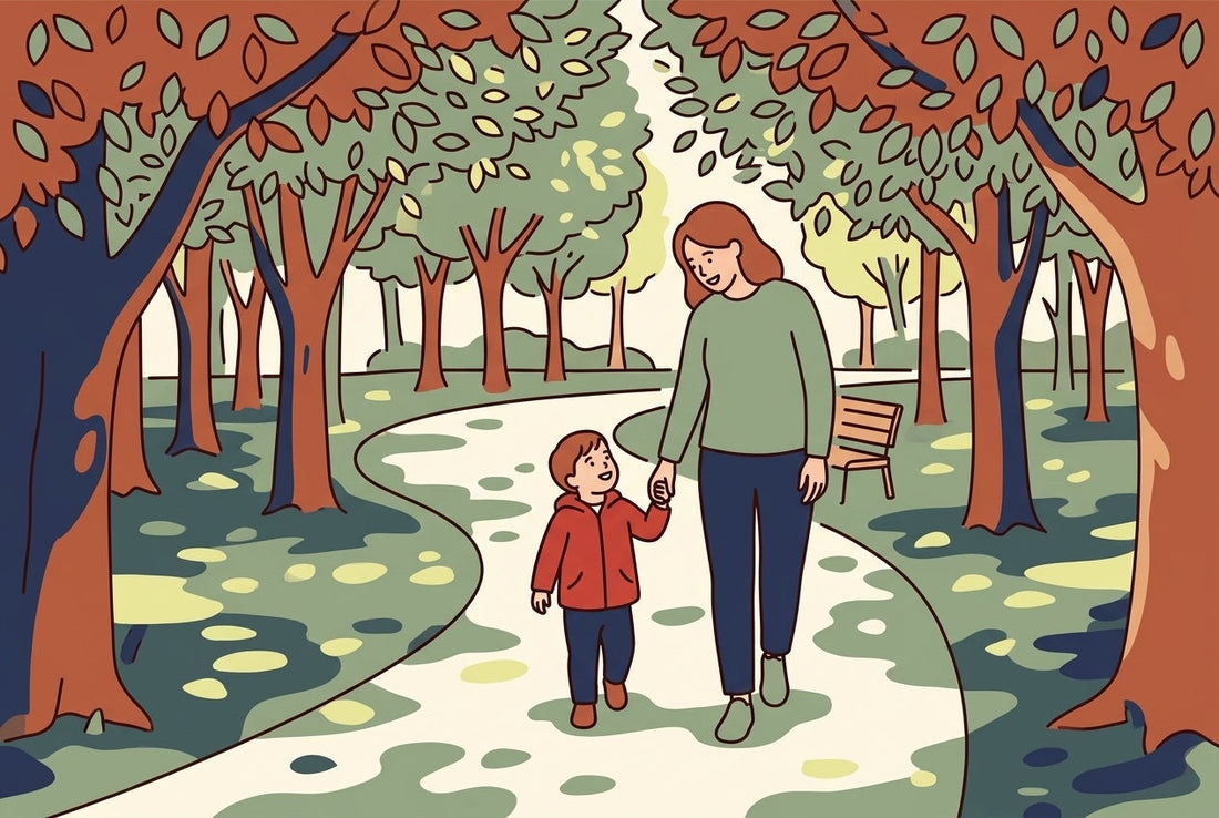 A 3-year-old child walking on a tree-lined park path beside a parent, flat illustration