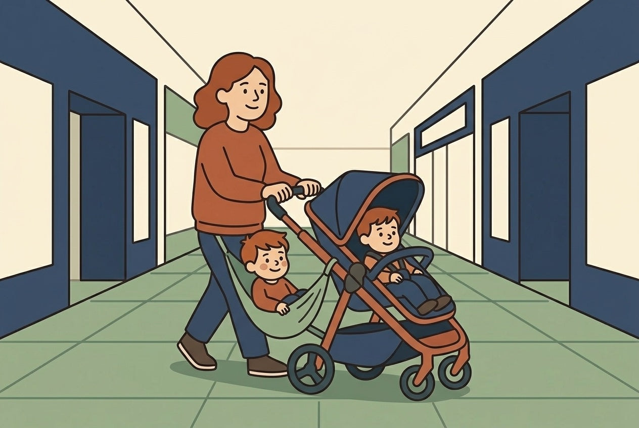 Parent pushing a single stroller with a toddler in a hammock seat through a bright shopping-mall corridor, flat illustration