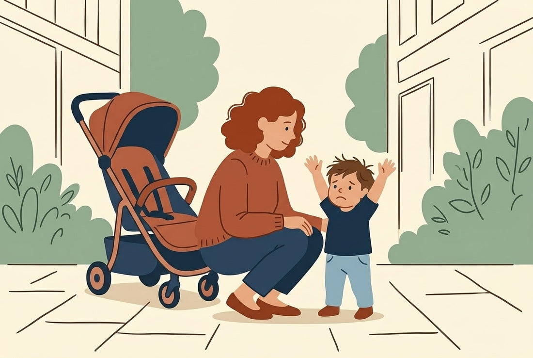 Parent crouching down to talk to a tired toddler mid-walk on a city pavement, stroller visible in the background, flat illustration