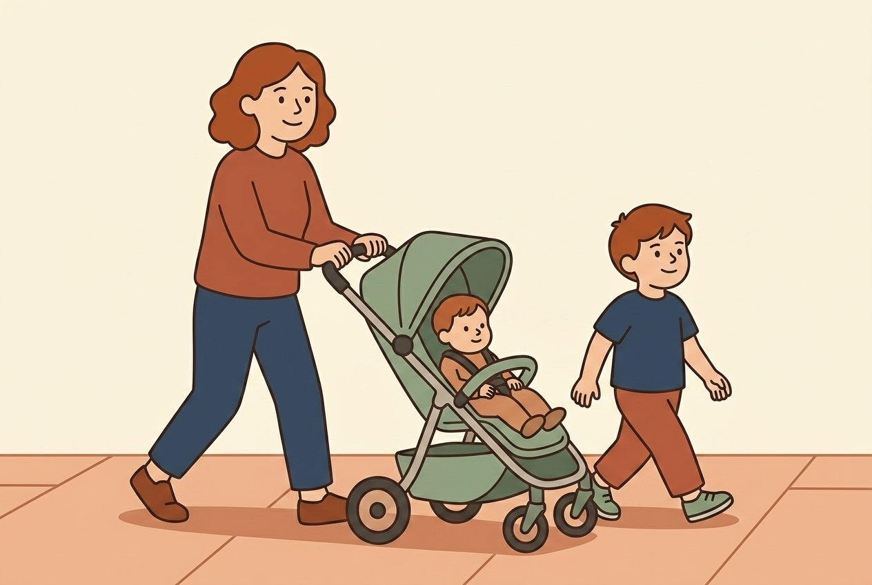 5-year-old walking confidently next to a parent and younger sibling in a stroller, flat illustration.