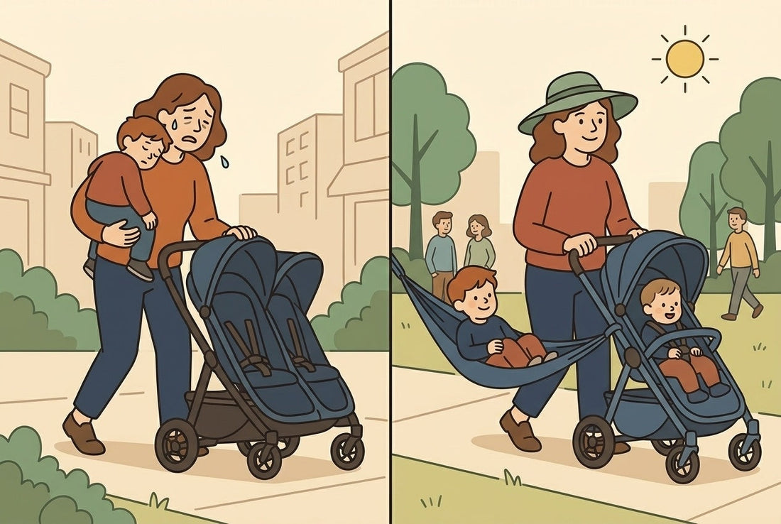Two-panel illustration: parent carrying tired toddler on left, parent walking relaxed with stroller hammock seat on right