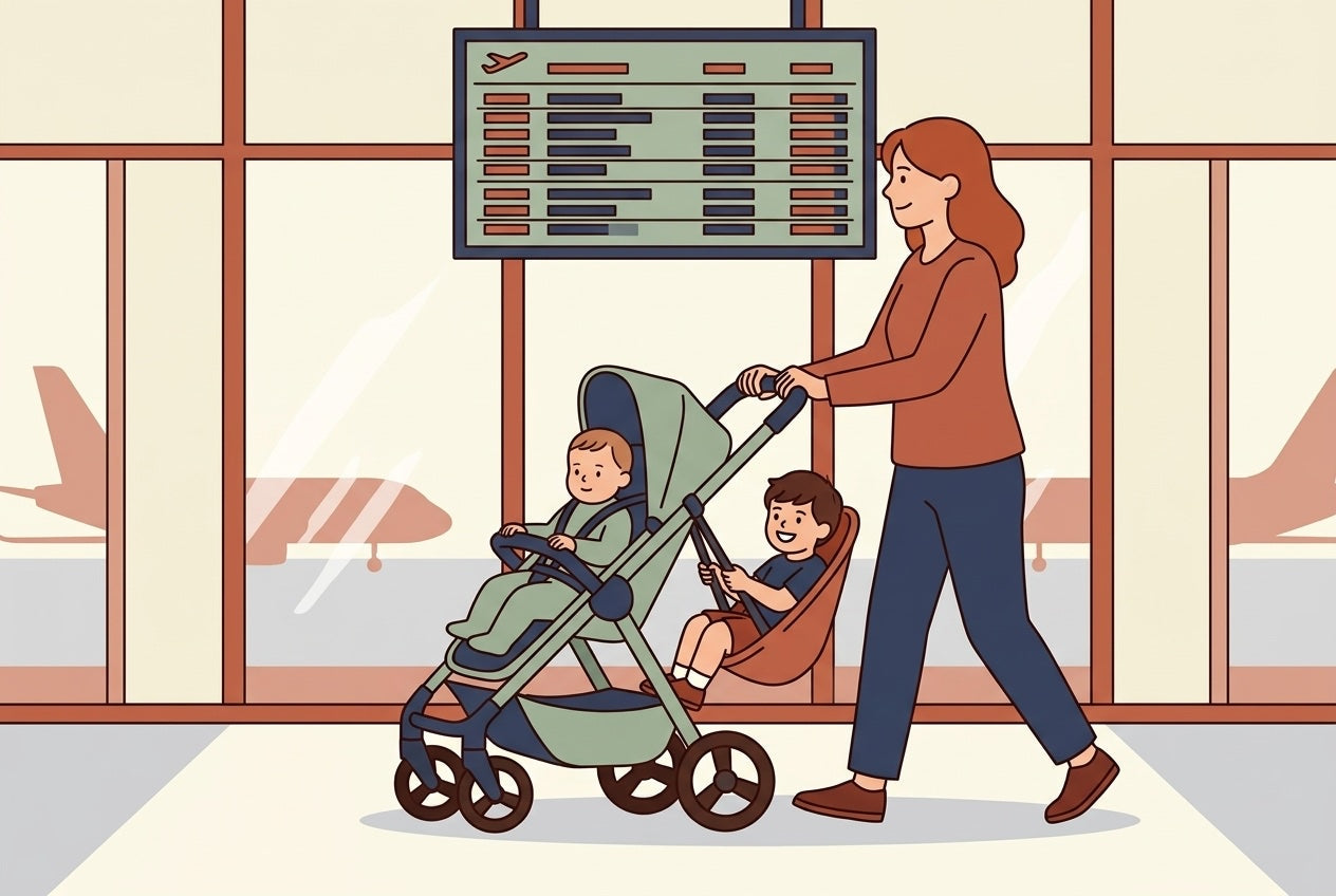 Parent pushing a stroller with baby and toddler on hammock seat through a bright airport corridor, flat illustration.