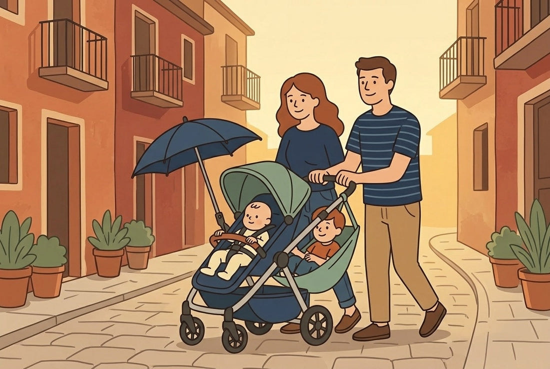 Family walking on a European cobblestone holiday street, toddler resting on a hammock seat at the back of a stroller, flat illustration