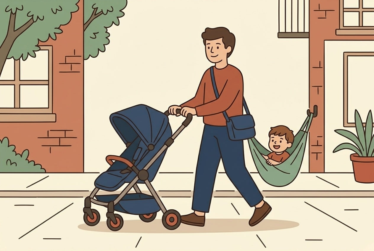 Parent walking with a Yoyo-style compact stroller fitted with a hammock seat, older toddler seated at the rear, flat illustration