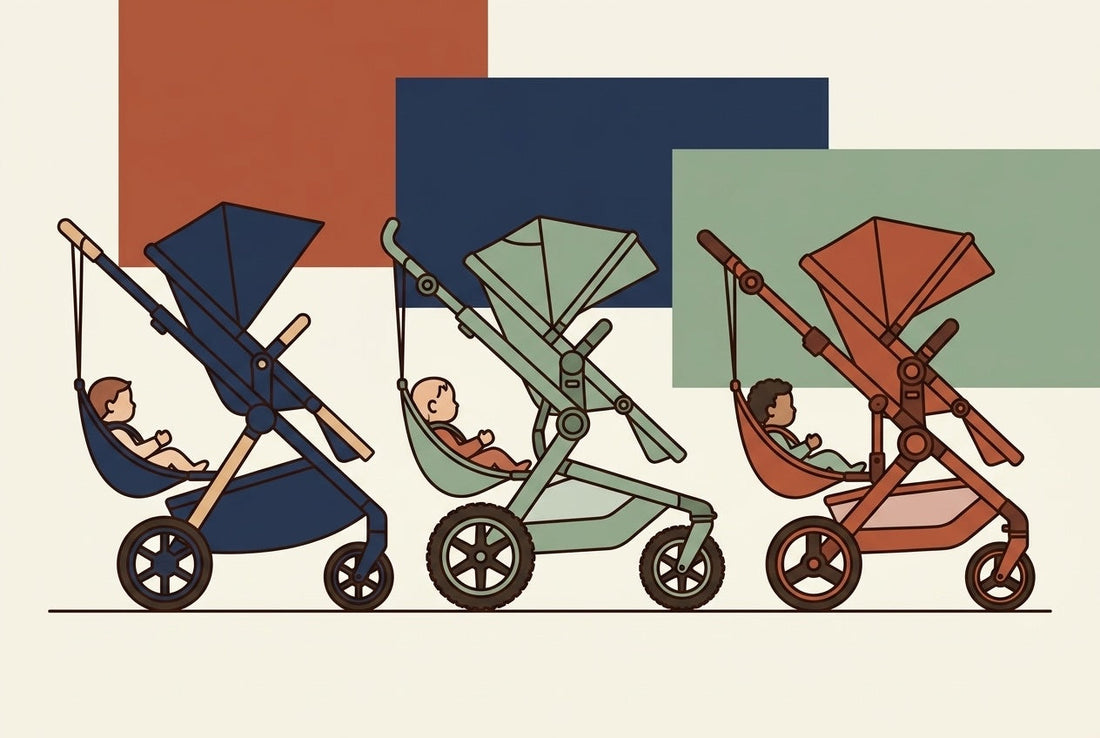 Premium strollers lined up with compact hammock seats attached, flat illustration