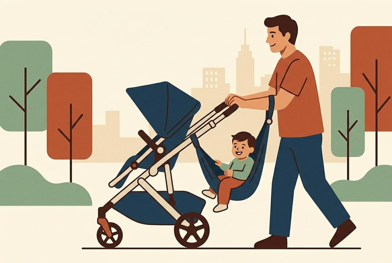 A cartoon-stylized parent pushing a full-size travel-system stroller with a Hoppie hammock seat at the rear, a toddler seated in it, flat illustration.