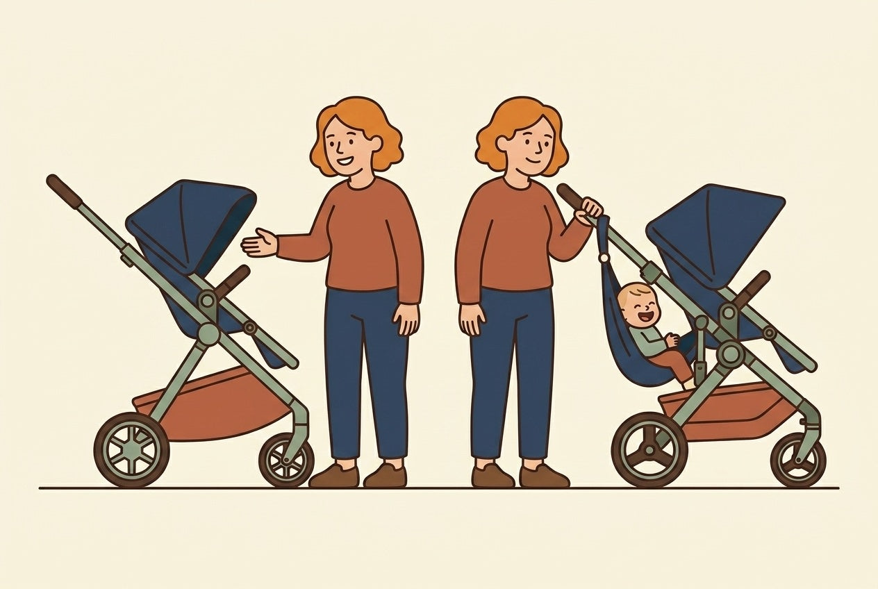 Compact city stroller shown side by side — without a second seat and with a Hoppie hammock seat attached at the rear carrying a toddler, flat illustration