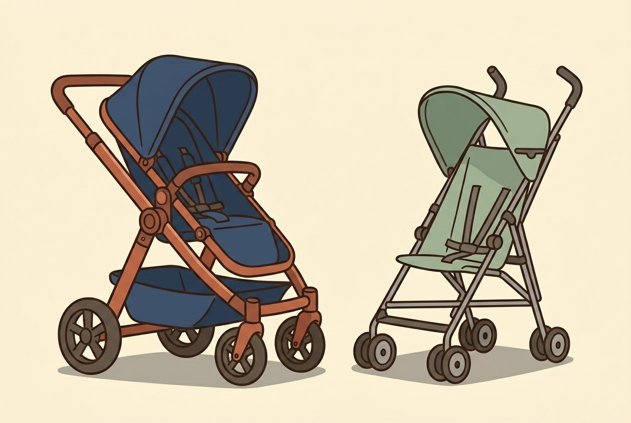 Two lightweight strollers side by side — a reinforced aluminum-frame model and a thin-tubed umbrella stroller — showing the structural contrast, flat illustration.