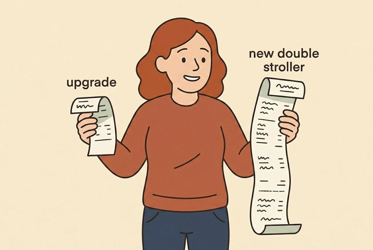 Parent comparing a small upgrade receipt to a large new double stroller receipt, flat illustration