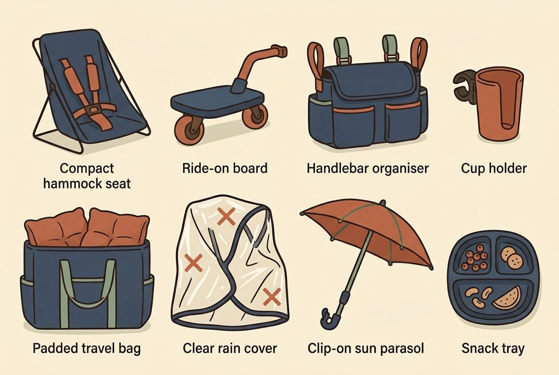 Flat-lay illustration of 8 stroller accessories for parents of two including a hammock seat, organiser, cup holder, rain cover, and snack tray on a cream background