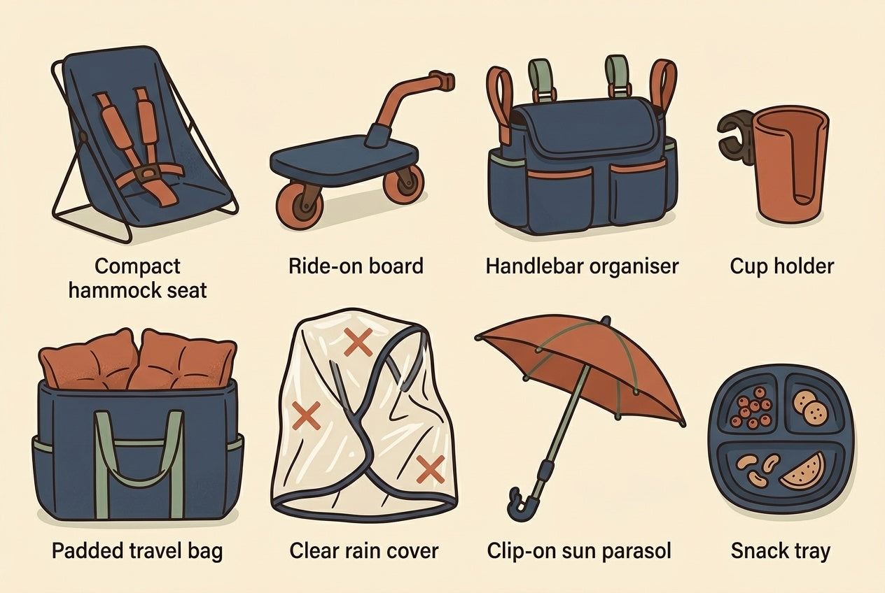 Flat-lay illustration of 8 stroller accessories for parents of two including a hammock seat, organiser, cup holder, rain cover, and snack tray on a cream background