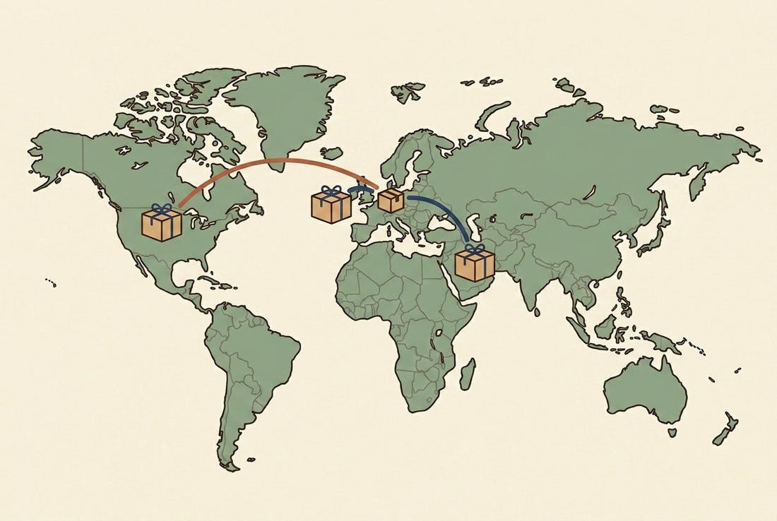 Illustrated map showing Hoppie shipping routes from the Netherlands to Europe, North America, and the Middle East with parcel icons at each destination.