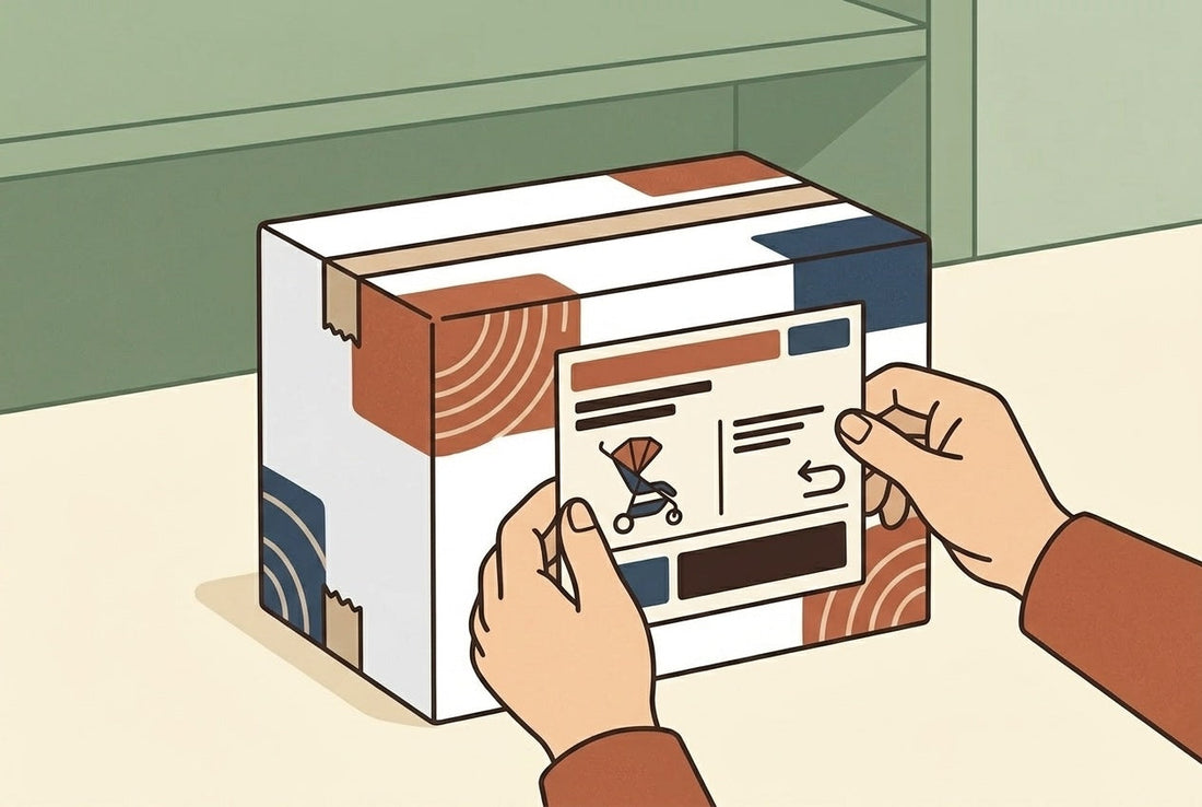 A stroller accessory in its original box with a return label being attached, flat illustration