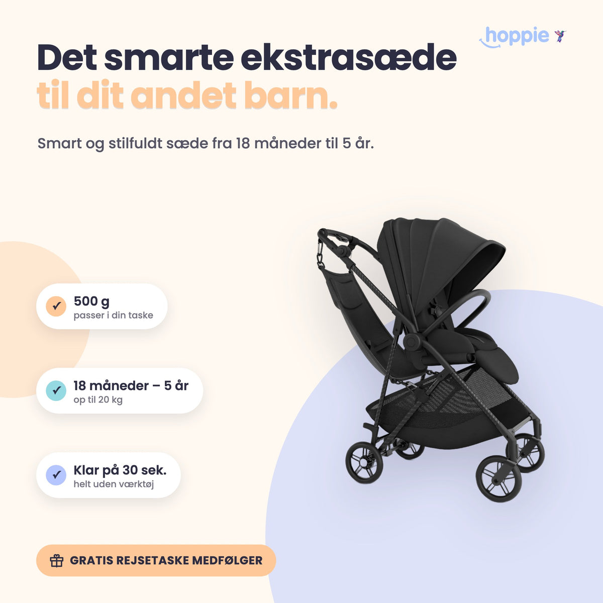 Hoppie – Det smarte ekstrasæde til dit andet barn. Smart og stilfuldt sæde fra 18 måneder til 5 år.